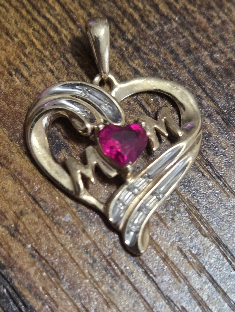 Gold Heart "MOM" Pendant with Pink Heart Stone​Vintage 10K Gold MOM Heart Charm!